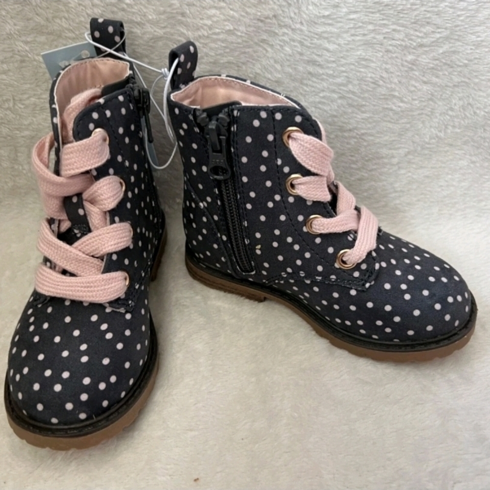 Cat & Jack Navy Polka Dot Lace-Up Ankle Boots with Pink Laces